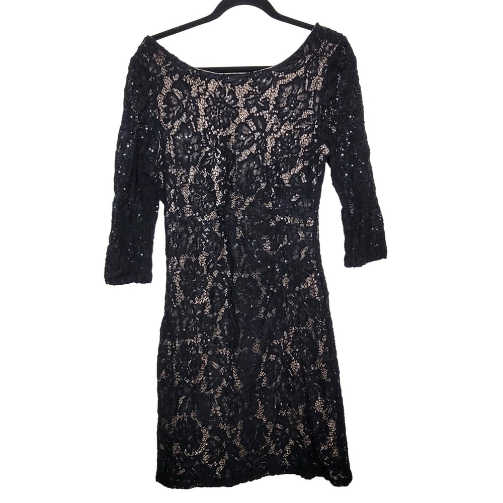 Scarlett Womens Floral Lace Sequin Sheath Dress Size 14 Short Sleeve Black Lined